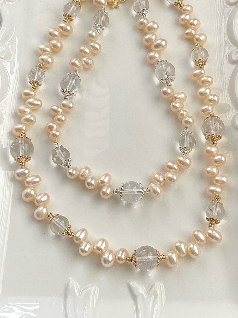 GP66-Handmade High Quality Champagne Freshwater Pearl And Clear Quartz Necklace - Picture 2 of 10